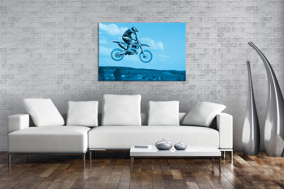 deyoli Motocross Stunt Format 80x60 Effekt: Monocrome Blau als Leinwandbild, Motiv fertig gerahmt au