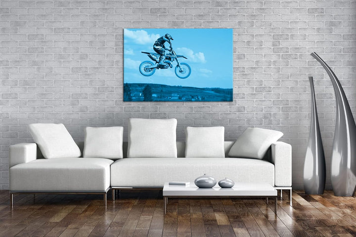 deyoli Motocross Stunt Format 80x60 Effekt: Monocrome Blau als Leinwandbild, Motiv fertig gerahmt au