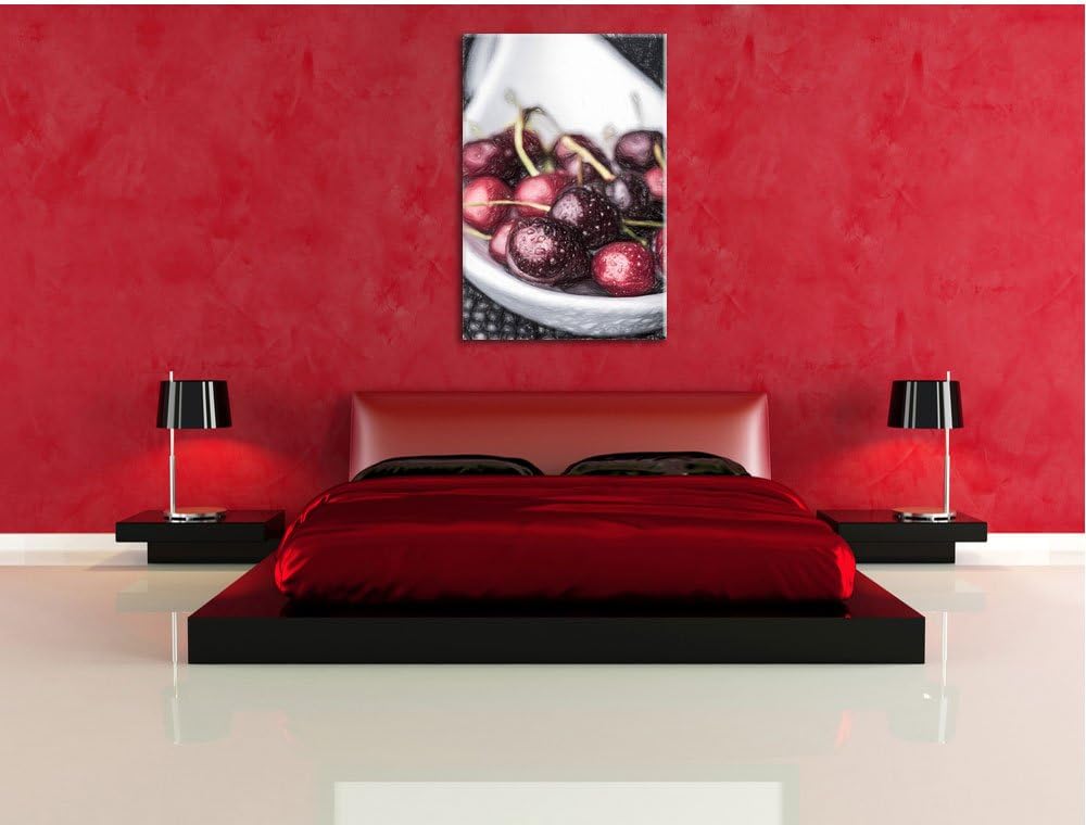 Pixxprint Frische Kirschen in Schlüssel Bunstift Effekt, Format: 100x70 auf Leinwand, XXL riesige Bi