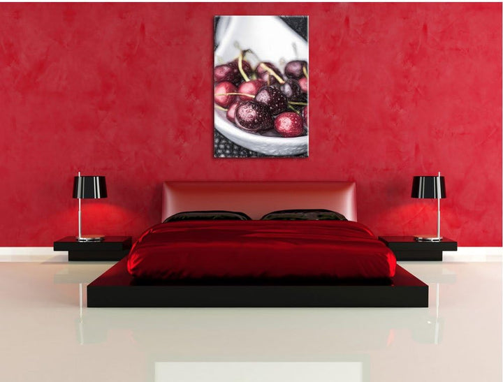 Pixxprint Frische Kirschen in Schlüssel Bunstift Effekt, Format: 100x70 auf Leinwand, XXL riesige Bi