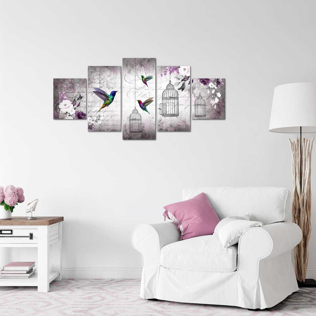 Runa Art Wandbilder Vogel Vintage 5 Teilig Bild auf Vlies Leinwand Deko Wohnzimmer Schlafzimmer Blum
