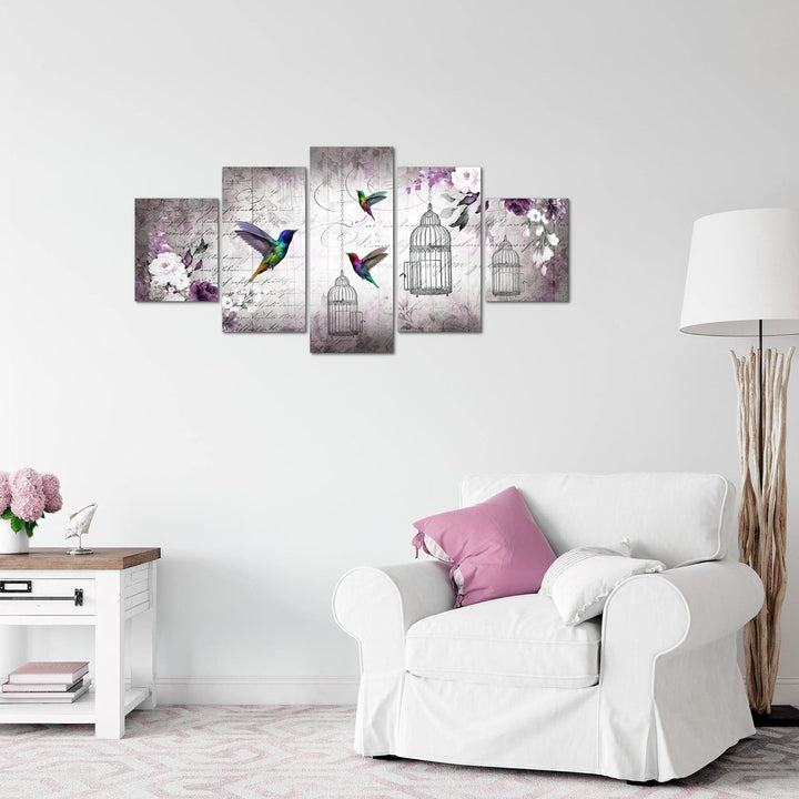 Runa Art Wandbilder Vogel Vintage 5 Teilig Bild auf Vlies Leinwand Deko Wohnzimmer Schlafzimmer Blum