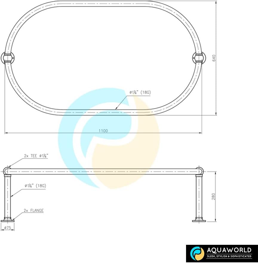 AQUAWORLD Traditionelle grosse ovale Duschvorhangstange für Badewanne mit verstellbaren Deckenstrebe