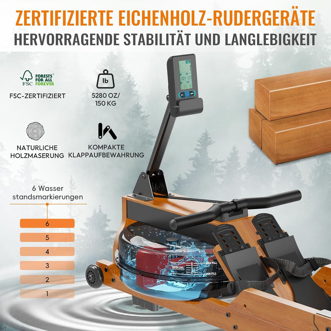 Wasser-Rudergerät für Zuhause, klappbar – leise | Bluetooth-App, LCD &amp; Tablet-Halter, gelenkschonend