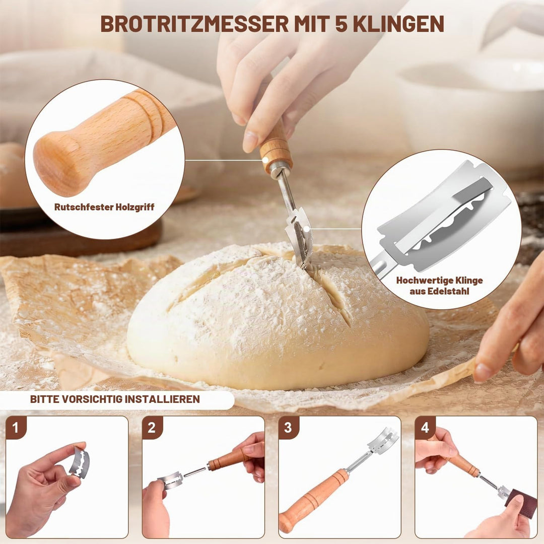 Sauerteig Starter Set, 12-teilig Brotbackset, Runder und Ovaler Gärkorb aus Rattan, Brotlame, Teigsc