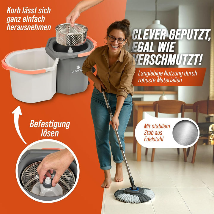 Wischmopp Set mit Eimer [Schmutzwasser Trennung] Bodenwischer mit Pedal-Auswringfunktion &amp; 2 Mikrofa