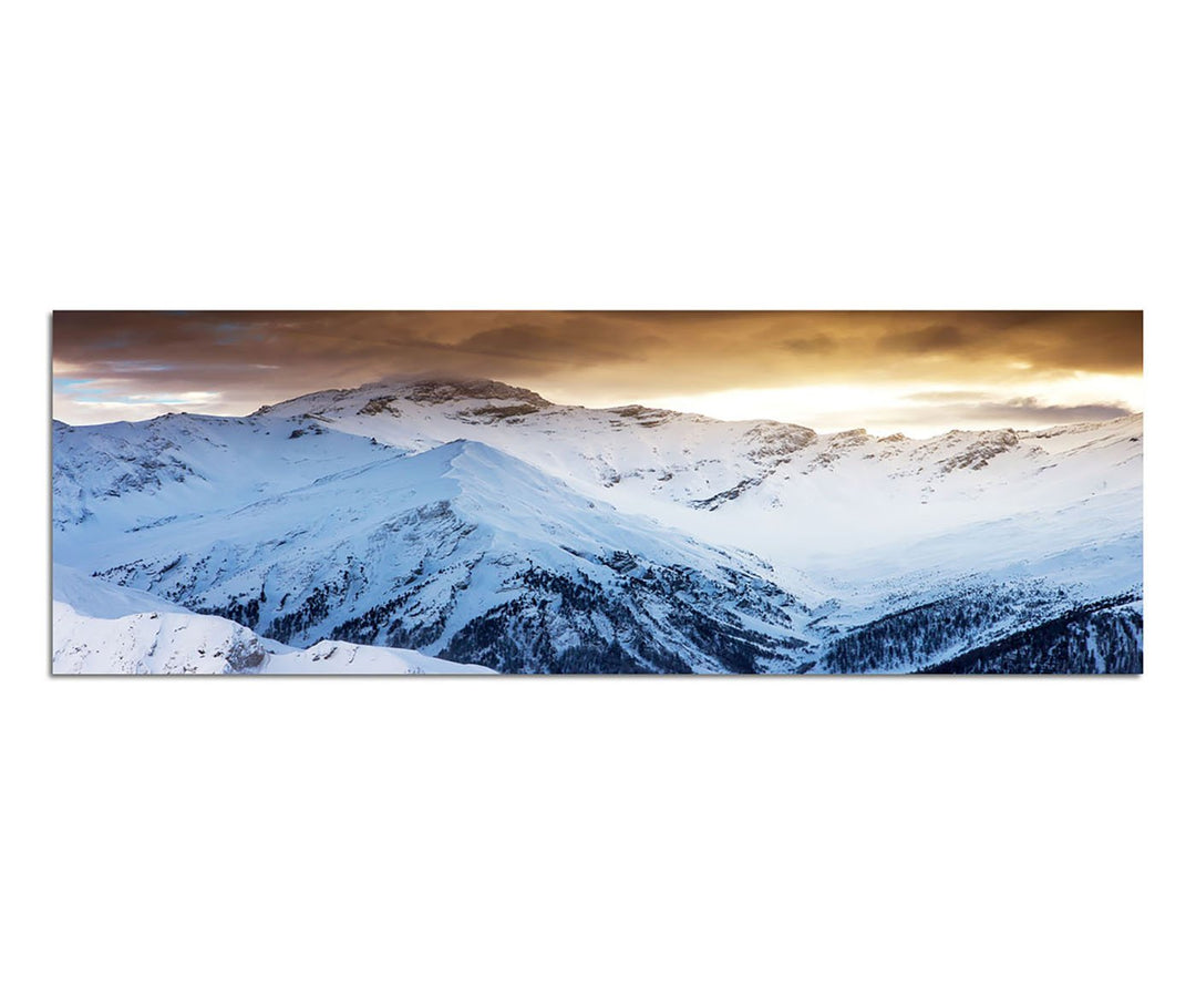 Paul Sinus Art Panoramabild auf Leinwand und Keilrahmen 150x50cm Gebirge Berge Schnee Wolken Sonnens