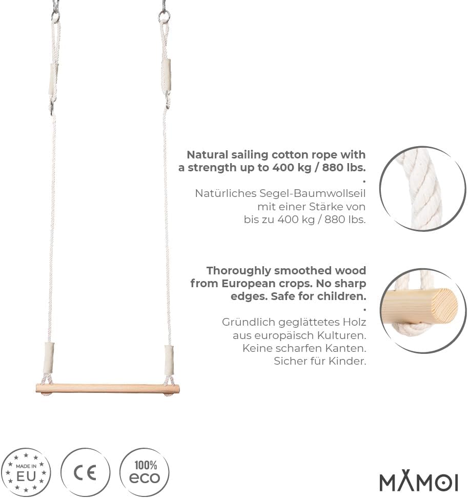 MAMOI® Trapez schaukel, Turnringe aus Holz, Turngeräte für Kinder Indoor und Outdoor, Ringe schaukel