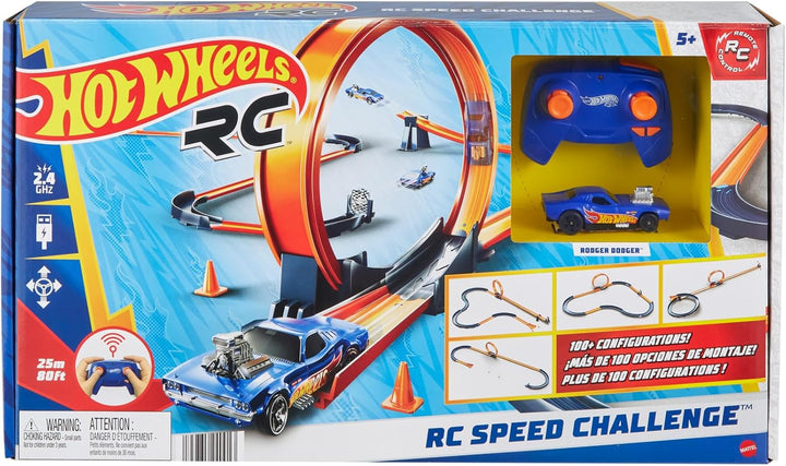Hot Wheels Spielzeugauto-Trackset mit ferngesteuertem Fahrzeug im Massstab 1:64 und mehr als 30 Trac