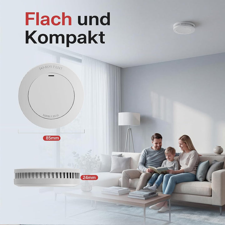 2er MINI Rauchmelder Set 10 Jahre Batterie, feuermelder ohne fehlalarme, brandmelder flach zum klebe