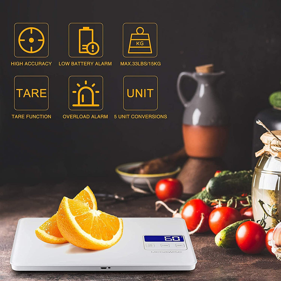 MegaWise Food Scale, 33lb wiederaufladbare digitale Küchenwaage, Gewicht Gramm und Unzen zum Kochen