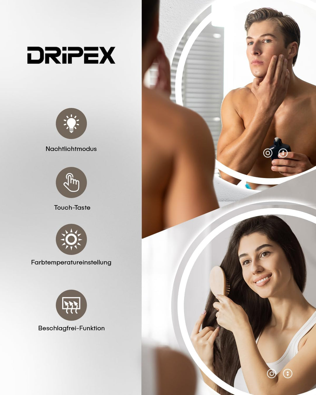 Dripex Badspiegel mit Beleuchtung Rund Led Spiegel mit Touch-Schalter, Dimmbar, 3 Lichtfarbe Einstel