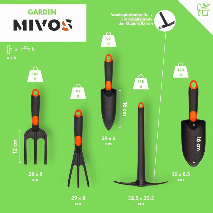 MIVOS 5-TLG Gartenwerkzeug Set für Gartenpflege – Gartenkralle – Umpflanzkelle – Kombihacke – Blumen