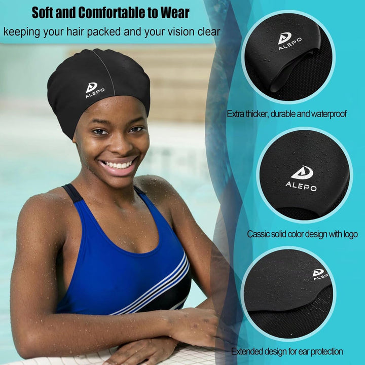 Alepo Extra Large Badekappe Damen Herren, Schwimmkappe Lange Haare Langlebige Silikon mit Ohrschutz,
