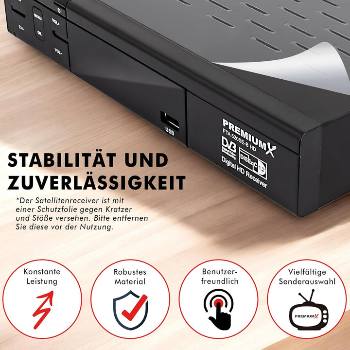 PremiumX Satelliten-Receiver HD 520SE FTA Digital SAT TV Receiver DVB-S2 FullHD HDMI SCART 2X USB Mu