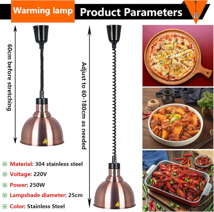 Wärmelampe Küche, 250W Hängend Wärmelampe Gastronomie für Speisen, 25cm Lebensmittel Wärmelampe für
