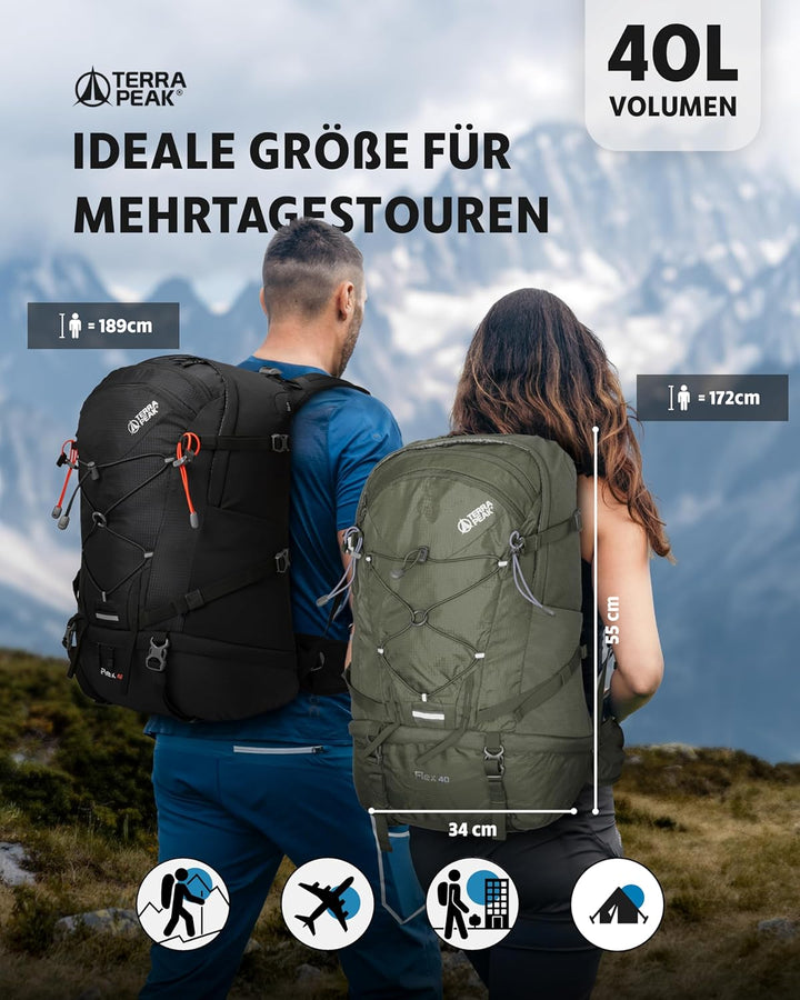 Terra Peak® Premium Wanderrucksack 40L (FLEX 40) für Damen & Herren gross mit Rückenbelüftung, Regen
