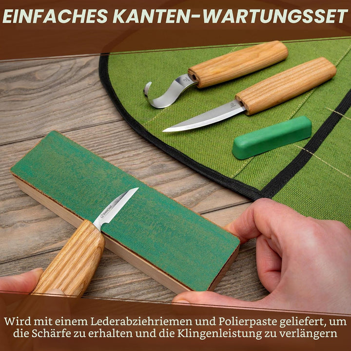 BeaverCraft S13 Holzschnitzerei Werkzeuge Set für Löffelschnitzen 3 Messer in Werkzeugsrolle Abziehr