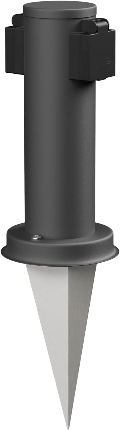ledscom.de Garten-Steckdosen-Säule PORU mit Erdspiess für aussen, 2-Fach, Edelstahl, anthrazit, rund