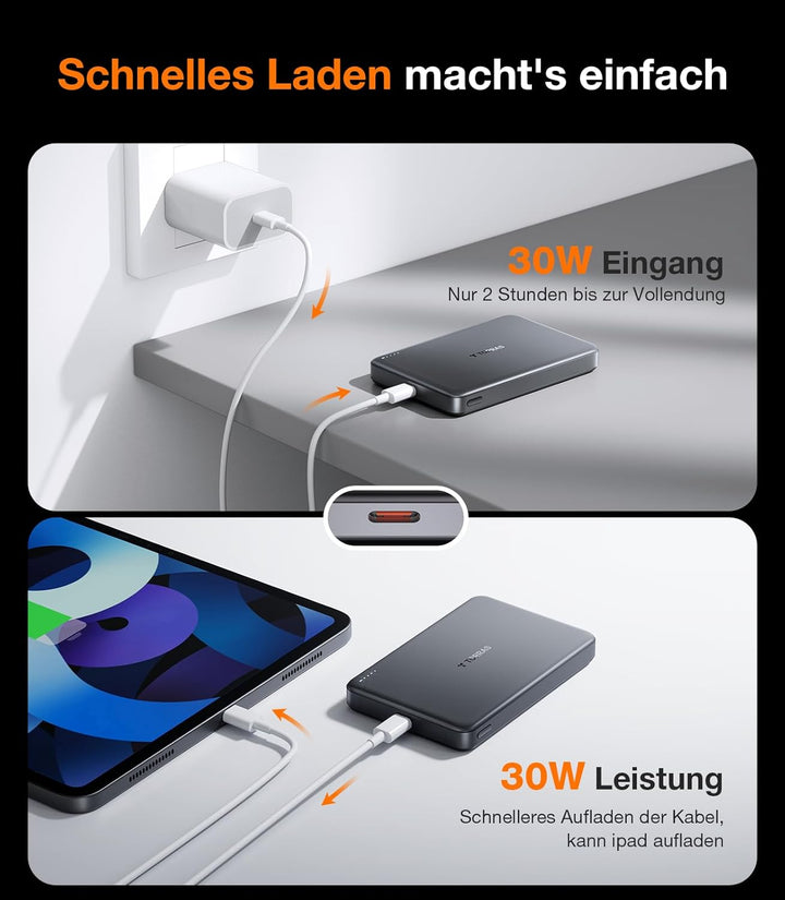 TORRAS MiniMag Qi2 Powerbank für MagSafe, 10000mAh Qi2-Zertifiziert Magnetische Power Bank mit 30W U