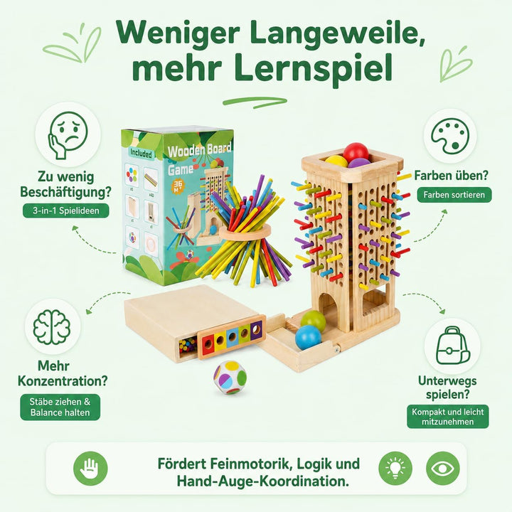 3-in-1 Montessori Spielzeug ab 3 Jahre, Holz Brettspiel mit Stäben | 40 Holzstäbe, Holzbox, Kugelfal