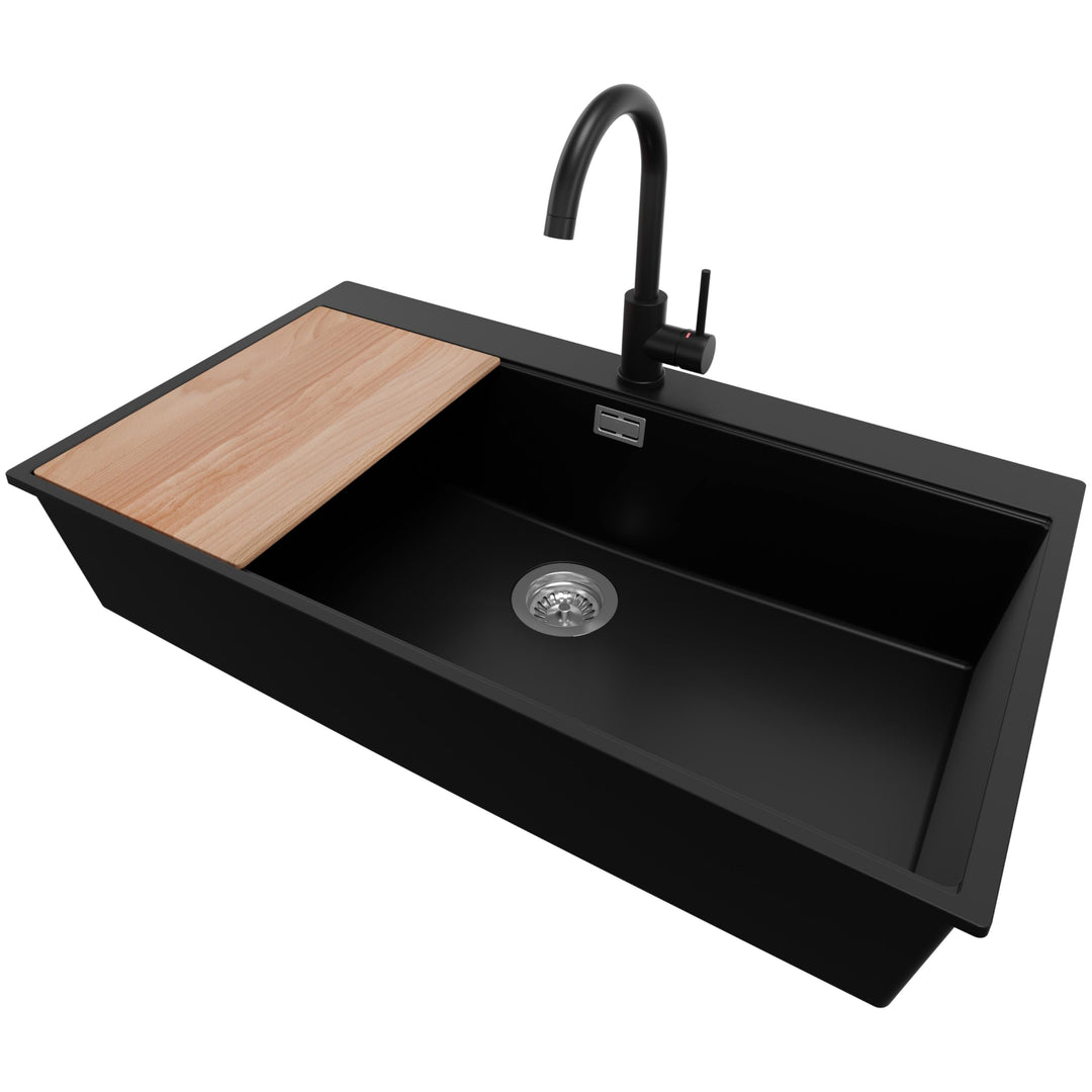Spülbecken Schwarz 90x50 cm, Granitspüle + Ablauf-Set + Küchenarmatur 5000, Küchenspüle für 90er Unt