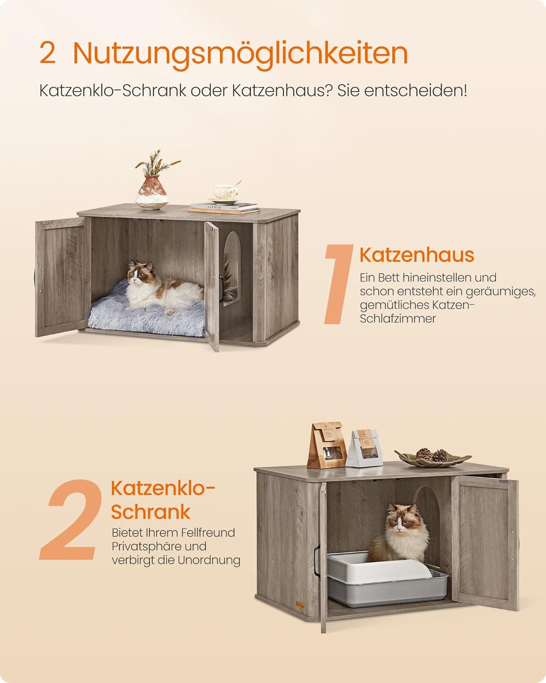 Feandrea Katzenhaus, Katzenklo-Schrank modern, Vordereingang, mit Doppeltür und Griffen, als Sideboa
