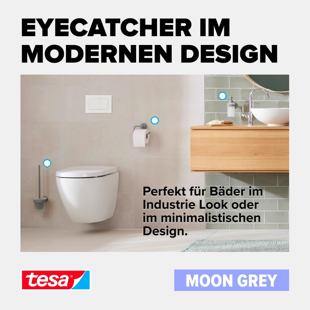 tesa MOON GREY WC-Garnitur, Set mit Halter &amp; WC-Bürste, matt grau, satiniertes Glas - für Bäder im I