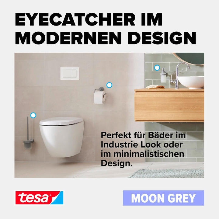 tesa MOON GREY WC-Garnitur, Set mit Halter &amp; WC-Bürste, matt grau, satiniertes Glas - für Bäder im I