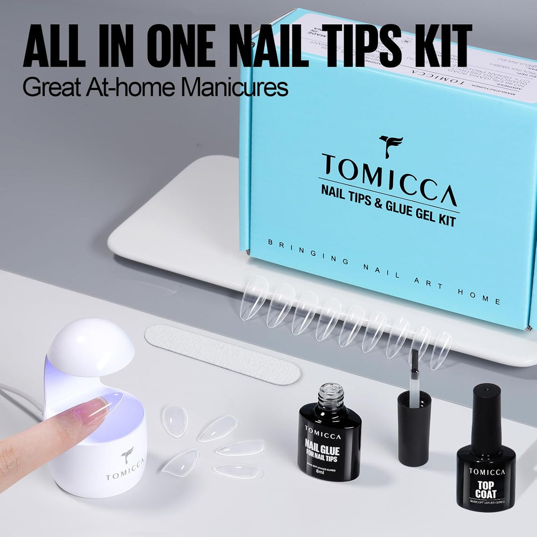 TOMICCA Nail Tips and Glue Gel Kit, Nail Extension Set Top Coat und 6 in 1 nagelkleber für kunstnäge