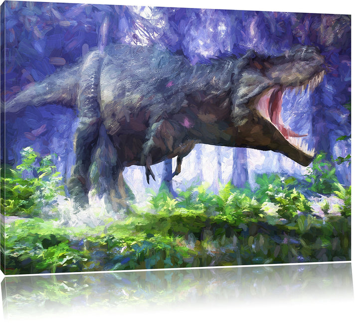 Pixxprint T-Rex Dinosaurier im Wald Kunst / 100x70cm Leinwandbild bespannt auf Holzrahmen/Wandbild K