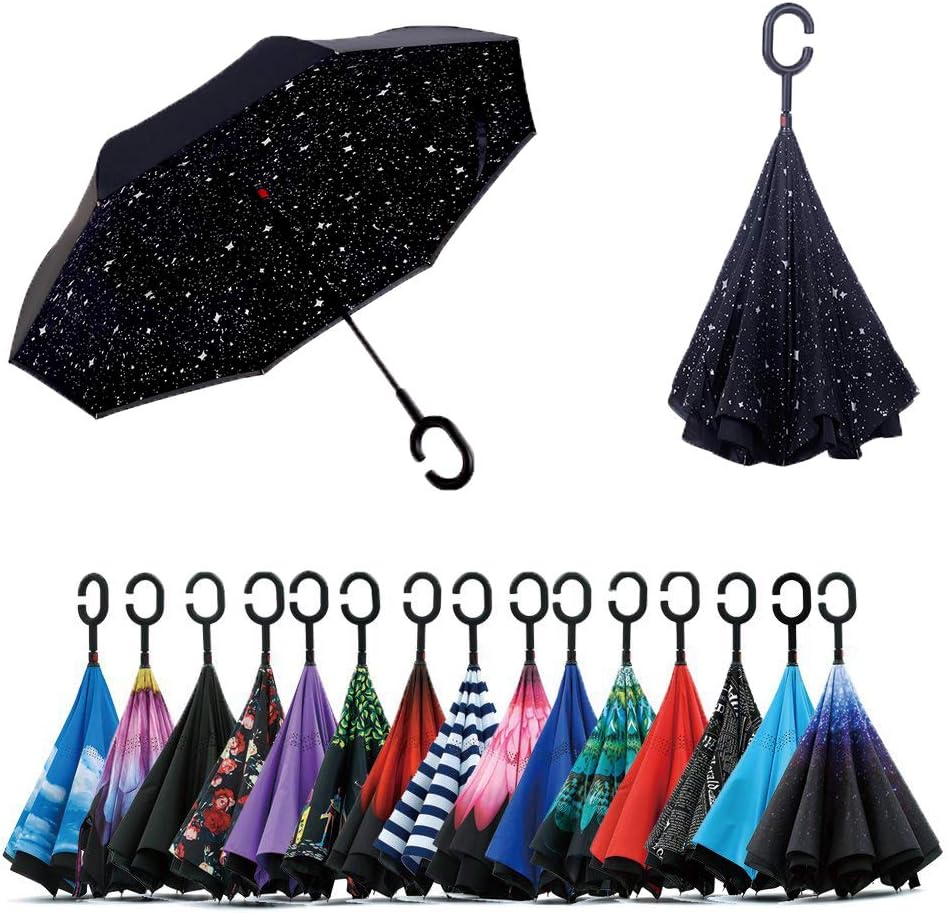 Jooayou Umdrehbarer Regenschirm mit 2 Flächen, C-förmiger Griff, rückseitig faltbarer Regenschirm, A