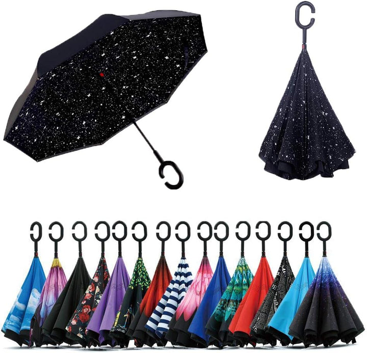 Jooayou Umdrehbarer Regenschirm mit 2 Flächen, C-förmiger Griff, rückseitig faltbarer Regenschirm, A