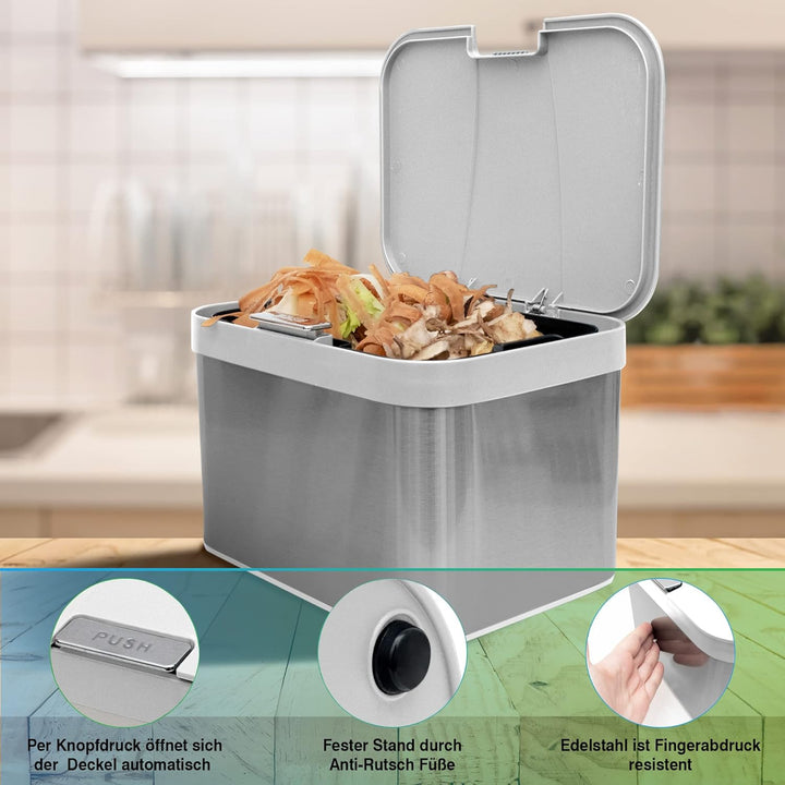 YourCasa® Biomülleimer Küche 4,3 L aus Edelstahl - geruchsdichter Bio Mülleimer mit Deckel & spülmas