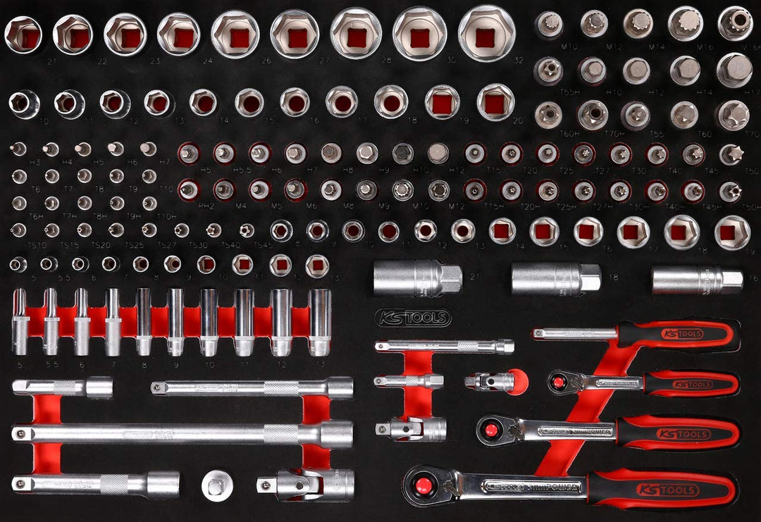 KS Tools 811.0139 1/4'' + 3/8'' + 1/2'' Steckschlüssel-Satz in Schaumstoffeinlage, 139-tlg