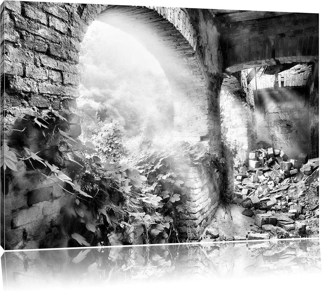 Monocrome, Alte Ruine, Format: 100x70 auf Leinwand, XXL riesige Bilder fertig gerahmt mit Keilrahmen