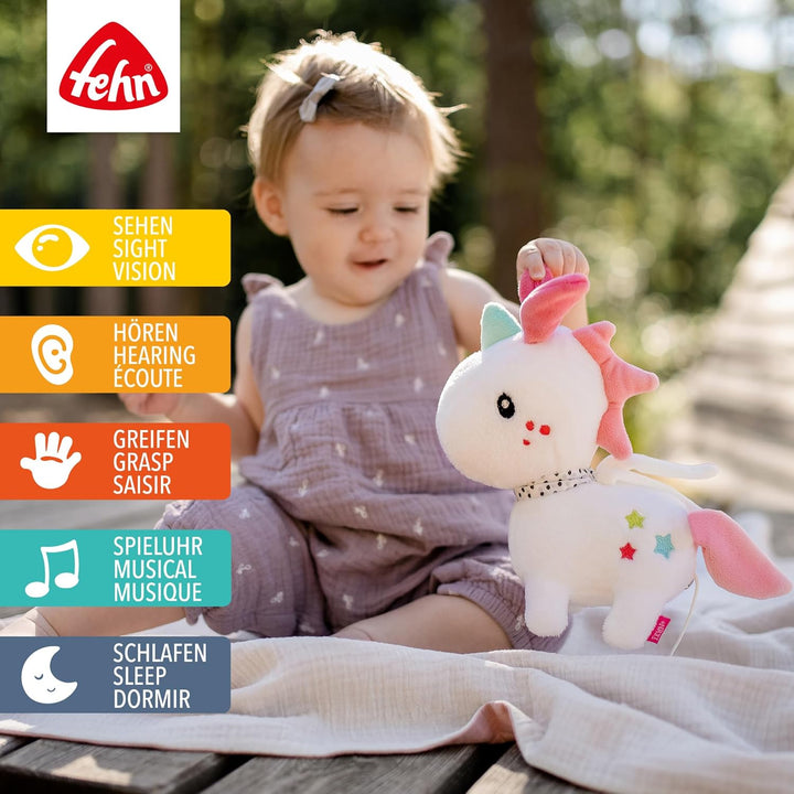 Fehn Spieluhr Baby Einschlafhilfe Einhorn - Kuscheltier mit sanfter Einschlafhilfe Melodie Brahms Wi