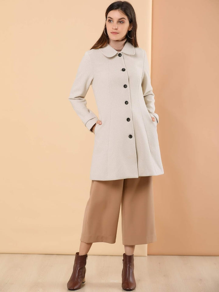 Allegra K Women's Peter Pan Collar Overcoat Single Breasted Pockets Winter Long Coat XS Beige, XS Be
