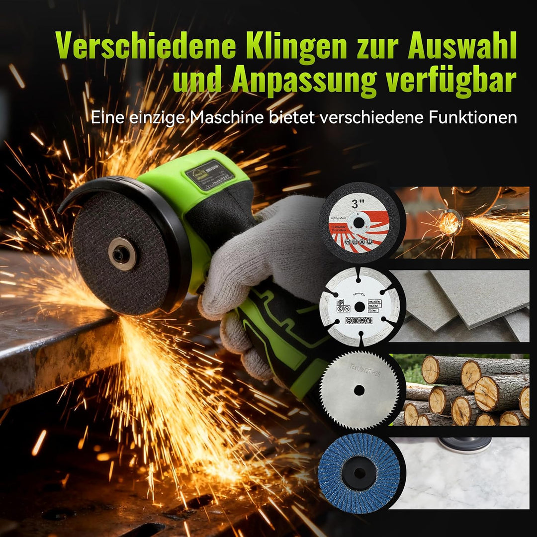 DEWINNER Akku-Winkelschleifer 19 500 U/min - 76mm Schleifscheibe, 2 Akkus 2000mAh, 6 Schneidscheiben