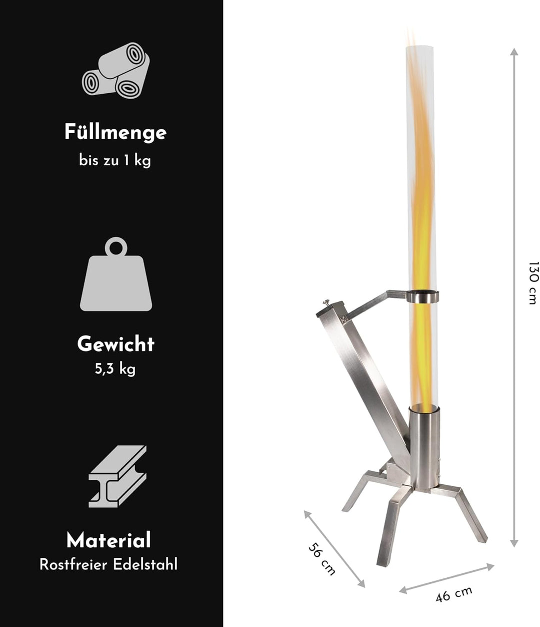 Edenoutdoor Pelletfackel Edelstahl – Feuerrohr mit Glasröhre, Feuersäule für Garten & Terrasse, deko