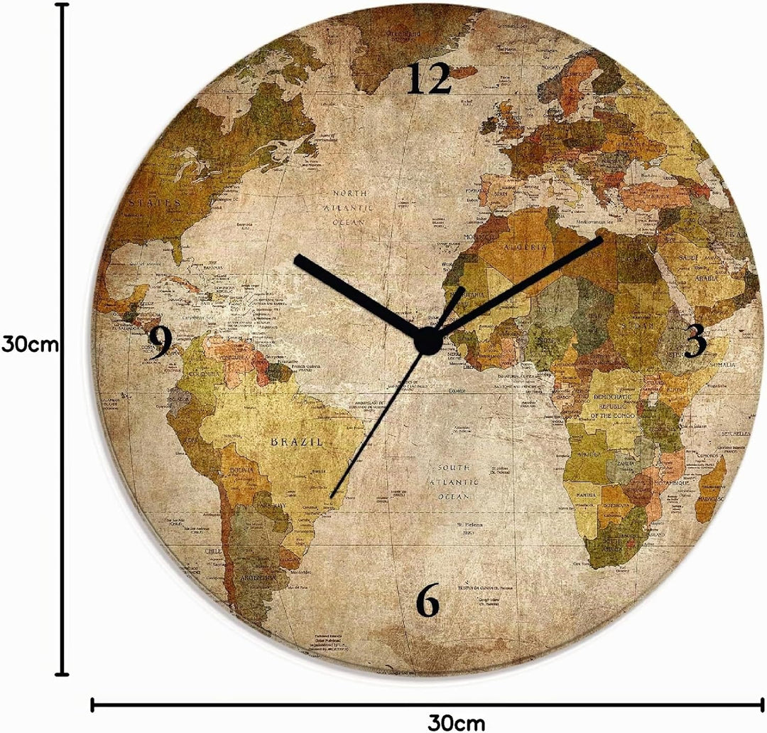 ARTLAND Wanduhr ohne Tickgeräusche Glas Quarzuhr Ø 30 cm Rund Lautlos Weltkarte Weltkarte Quarzuhr,