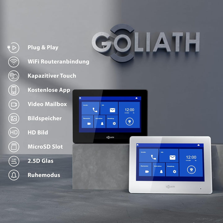 GOLIATH Basic 2-Draht Bus Video-Türsprechanlage, Full-HD, App-Steuerung, 2X 7 Zoll Monitore in Weiss