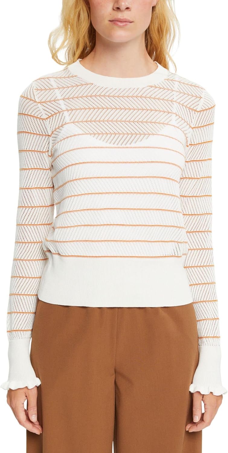 edc by Esprit Gestreifter Pullover in Pointelle-Strick S 710/Honey Yellow, S 710/Honey Yellow