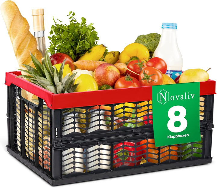 Novaliv Klappboxen faltbar stabil 8x 30L Rot Schwarz baskets Einkaufskiste Klappkisten Set Tragebox