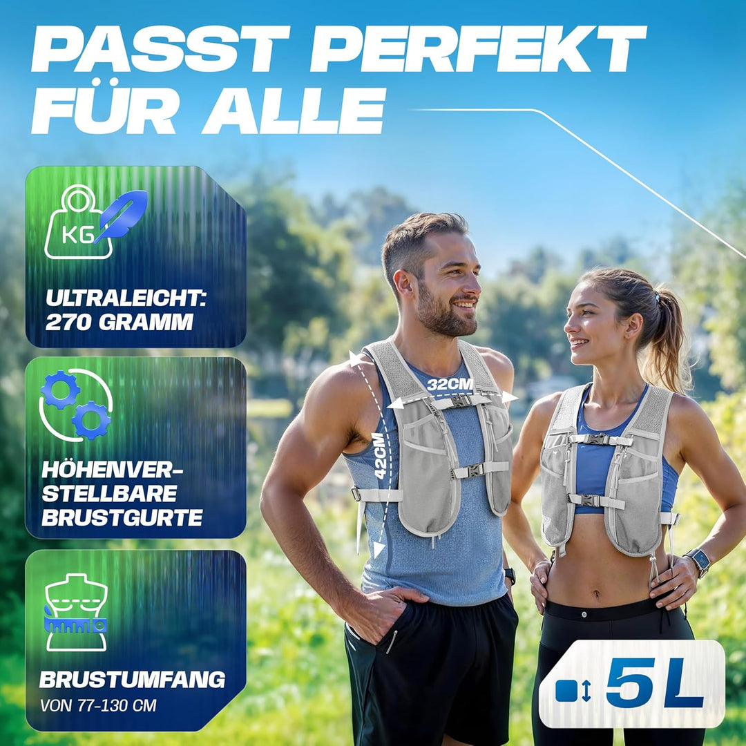 SASMO® Laufweste Damen & Herren 5L / 2L | Running Vest - Ultraleicht & atmungsaktiv| Laufrucksack Da