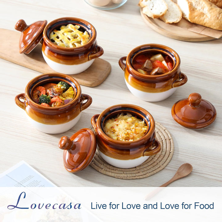 LOVECASA Onion Soup Bowls, French Onion Soup Crocks, 4 Stück Steingut Suppenschalen mit Deckel, 660m
