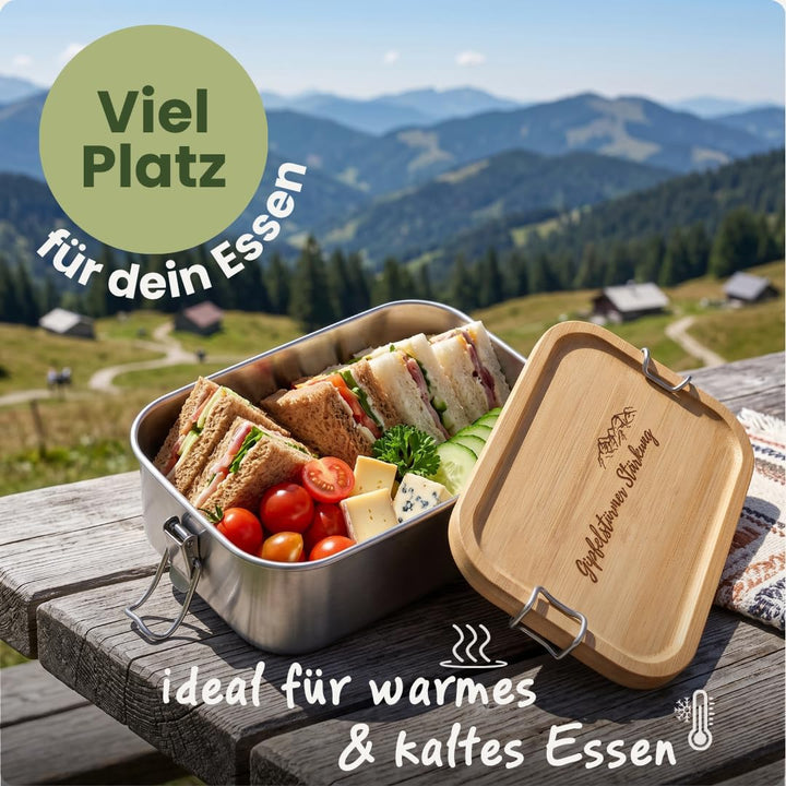 Gipfelgaudi Gipfelstürmer Brotdose mit Holzdeckel I Langlebige Edelstahl Box für Kinder & Erwachsene