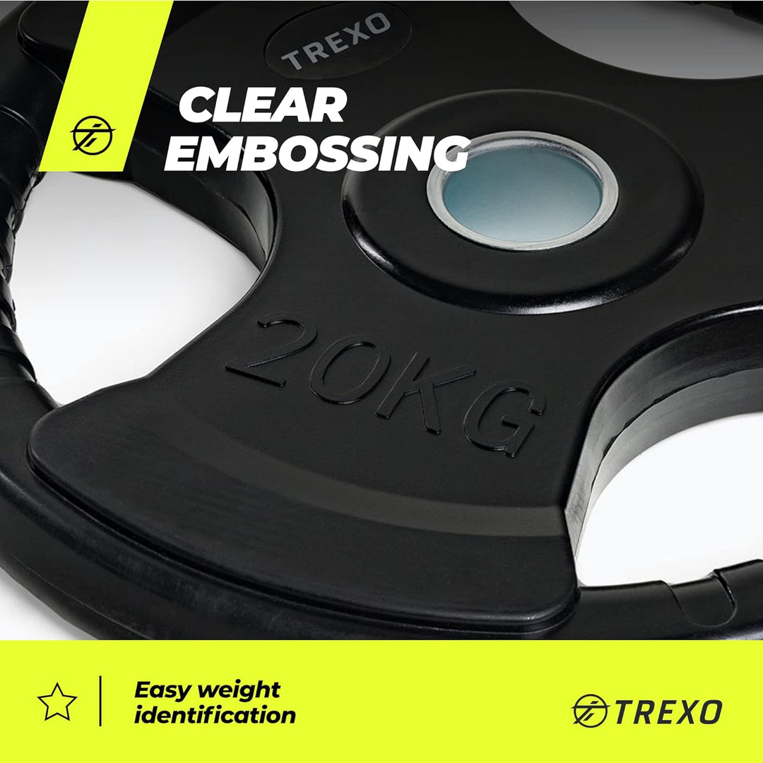 TREXO BelastungScheibe mit Griffen Gusseisen beschichtet für Langhanteln Langlebige ergonomische Sch