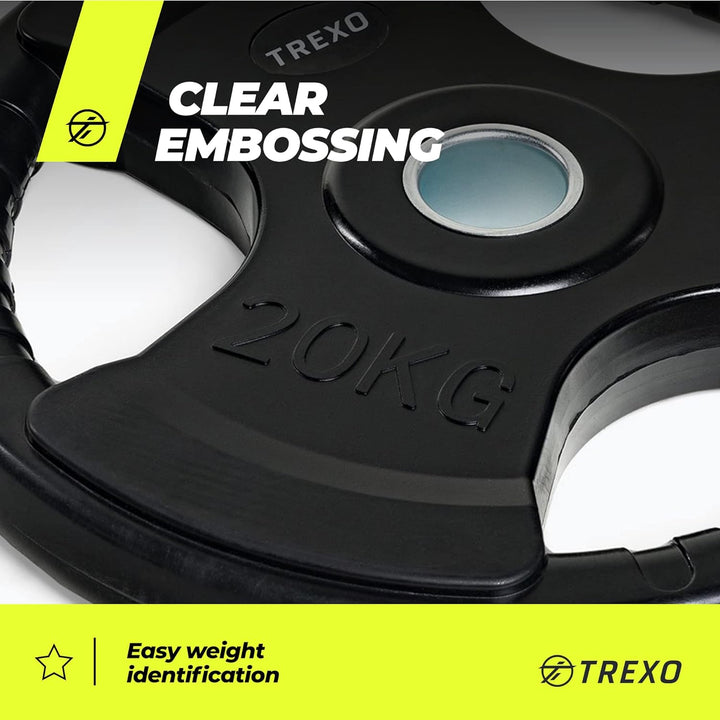 TREXO BelastungScheibe mit Griffen Gusseisen beschichtet für Langhanteln Langlebige ergonomische Sch