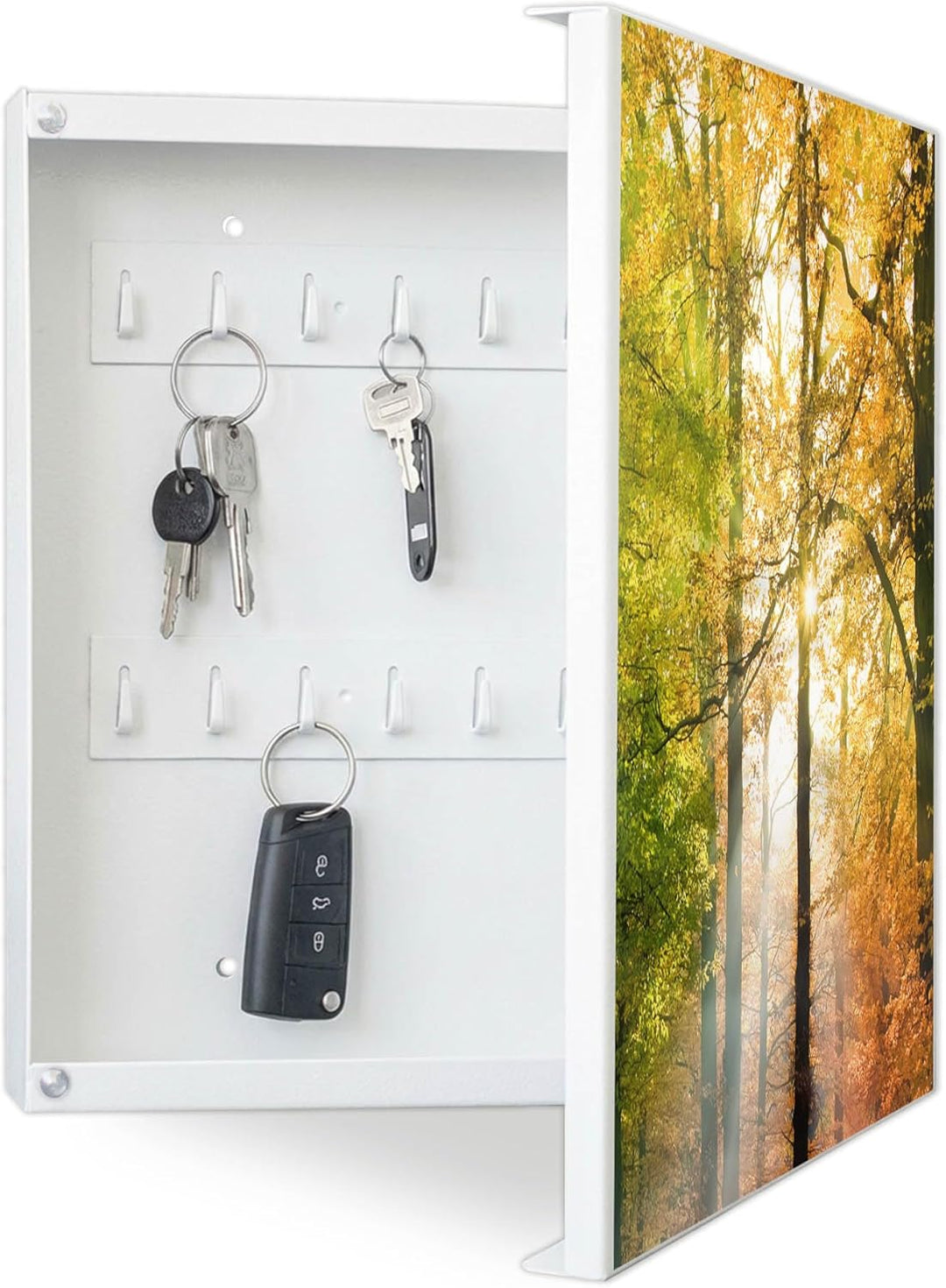 banjado® Grosser Schlüsselkasten Glas/Schlüsselbox 30cm x 30cm mit 50 Haken - Motiv Herbstwald/Schlü